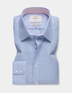 Fitted Slim Blue & Navy Check Non-Iron Shirt - Contrast Detail