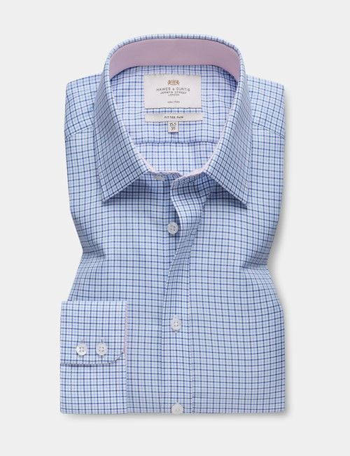 Non-Iron Blue & Navy Check Fitted Slim Fit Shirt - Contrast Detail-preview