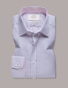 Non-Iron Pink & Navy Check Fitted Slim Fit Shirt - Contrast Detail-preview1
