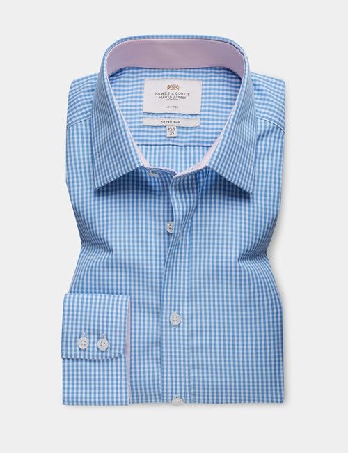 Non-Iron Blue & White Gingham Check Fitted Slim Fit Shirt - Contrast Detail-preview