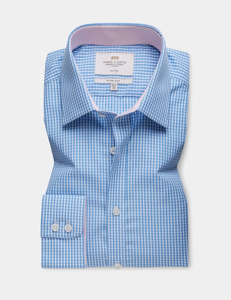 Fitted Slim Blue & White Gingham Plaid Non-Iron Shirt - Contrast Detail-preview