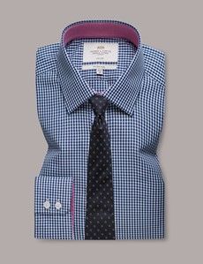 Non-Iron Navy & White Gingham Check Fitted Slim Fit Shirt - Contrast Detail-preview2