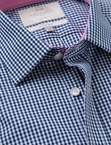 Non-Iron Navy & White Gingham Check Fitted Slim Fit Shirt - Contrast Detail