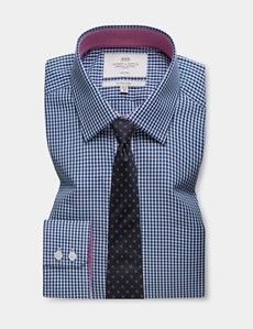 Non-Iron Navy & White Gingham Check Fitted Slim Fit Shirt - Contrast Detail-preview2