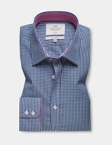 Non-Iron Navy & White Gingham Check Fitted Slim Fit Shirt - Contrast Detail-preview1