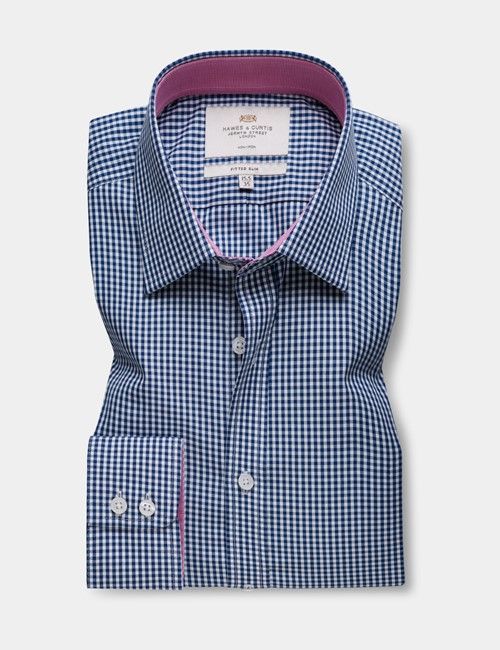 Fitted Slim Navy & White Gingham Plaid Non-Iron Shirt - Contrast Detail-preview