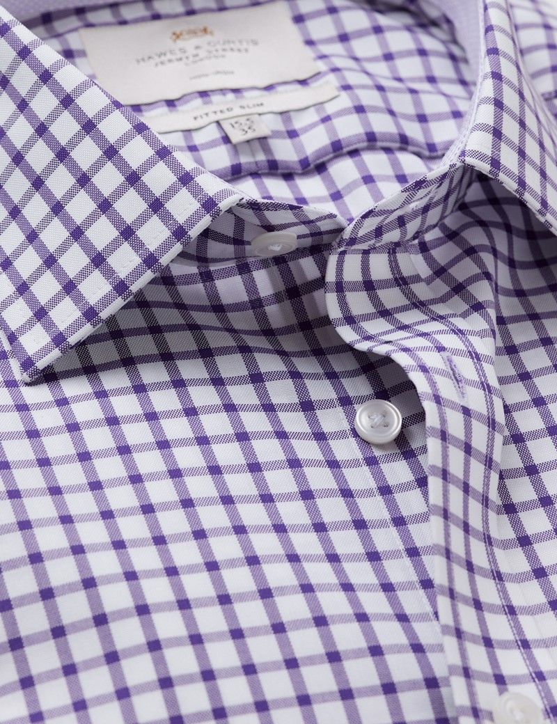 Fitted Slim Purple & White Grid Plaid Non-Iron Shirt - Contrast Detail