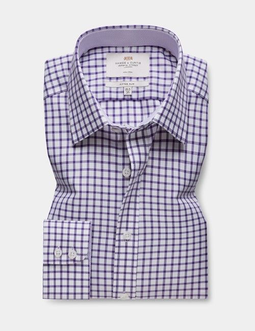 Non-Iron Purple & White Grid Check Fitted Slim Shirt - Contrast Detail-preview