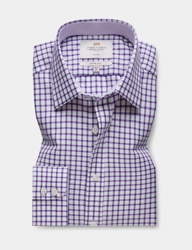 Fitted Slim Purple & White Grid Plaid Non-Iron Shirt - Contrast Detail-preview