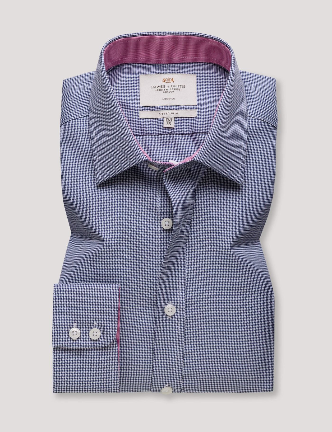 Fitted Slim Navy & White Dogtooth Non-Iron Shirt - Contrast Detail-preview