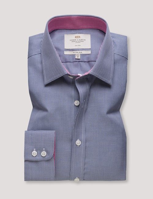 Non-Iron Navy & White Dogtooth Fitted Slim Fit Shirt - Contrast Detail-preview