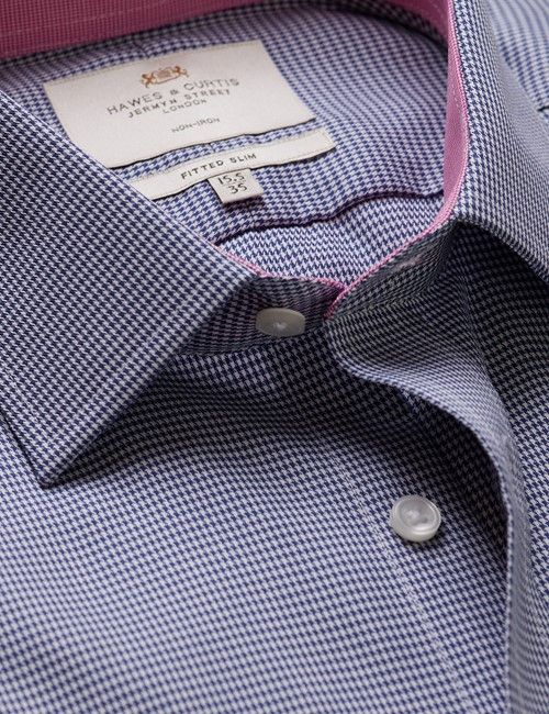 Non-Iron Navy & White Dogtooth Fitted Slim Fit Shirt - Contrast Detail