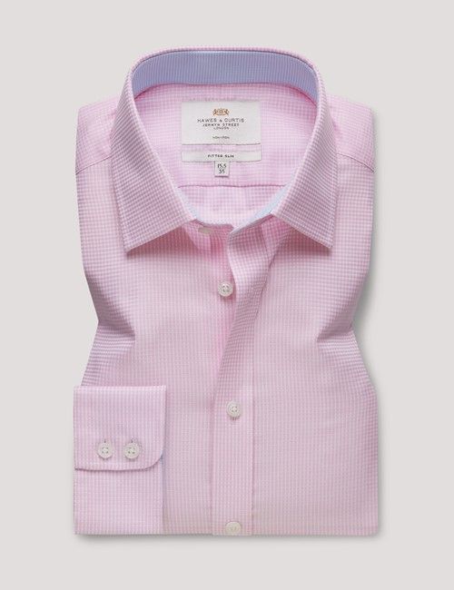 Non-Iron Pink & White Small Check Fitted Slim Fit Shirt - Contrast Detail-preview