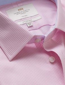 Fitted Slim Pink & White Small Check Non-Iron Shirt - Contrast Detail