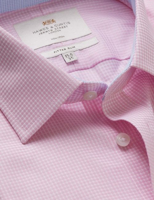 Non-Iron Pink & White Small Check Fitted Slim Fit Shirt - Contrast Detail