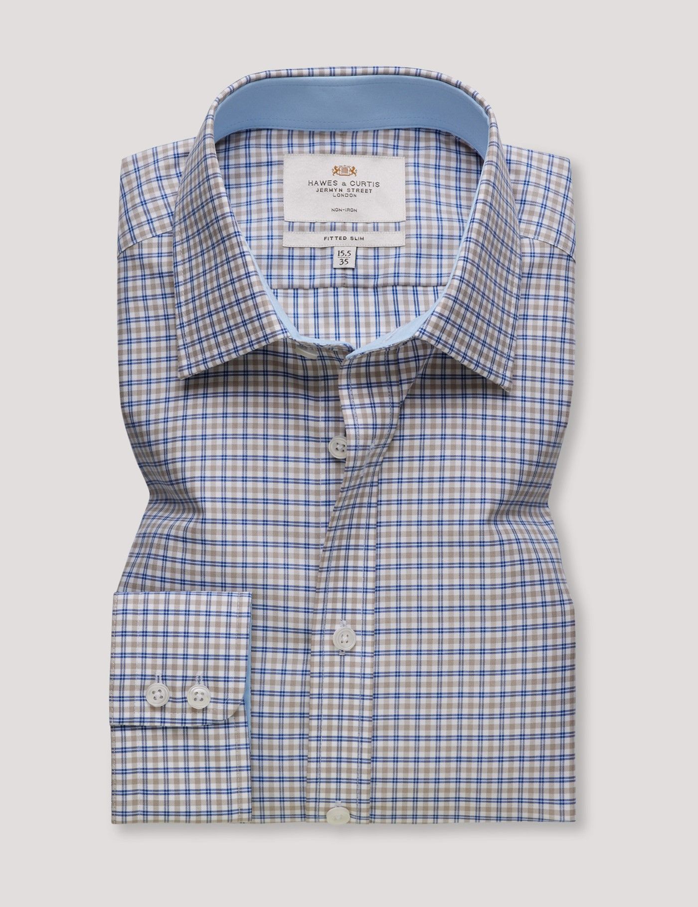 Fitted Slim Blue & Brown Check Non-Iron Shirt - Contrast Detail-preview
