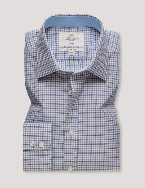 Non-Iron Blue & Brown Multi Check Fitted Slim Fit Shirt - Contrast Detail-preview