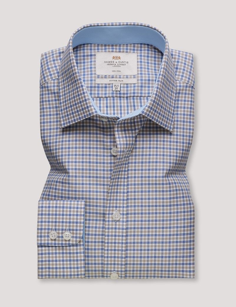Fitted Slim Blue & Brown Check Non-Iron Shirt - Contrast Detail-preview