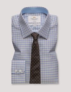 Fitted Slim Blue & Brown Check Non-Iron Shirt - Contrast Detail