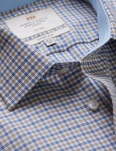 Fitted Slim Blue & Brown Check Non-Iron Shirt - Contrast Detail