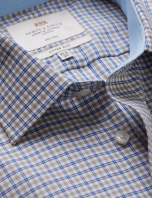 Non-Iron Blue & Brown Multi Check Fitted Slim Fit Shirt - Contrast Detail