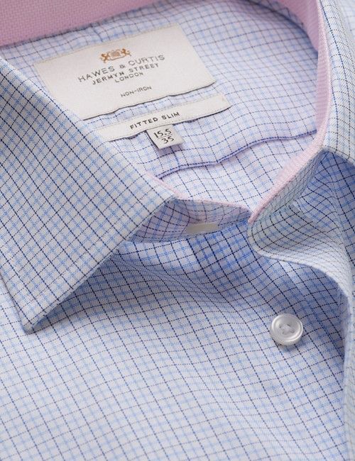 Non-Iron Navy & Blue Multi Check Fitted Slim Fit Shirt - Contrast Detail