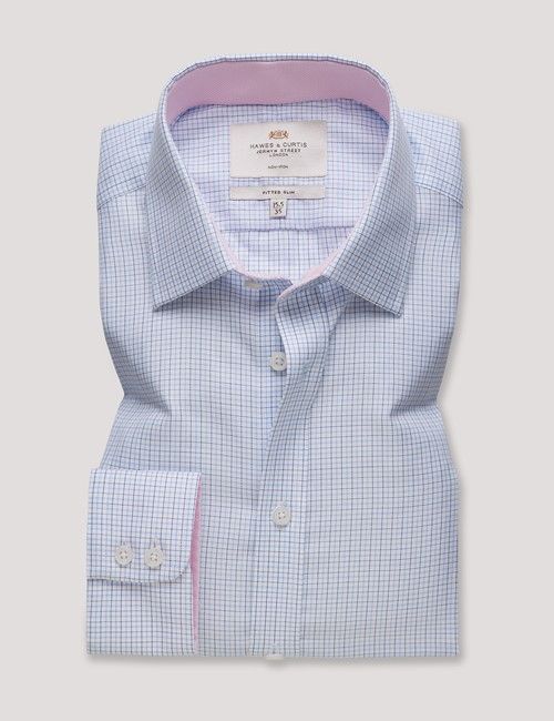 Non-Iron Navy & Blue Multi Check Fitted Slim Fit Shirt - Contrast Detail-preview