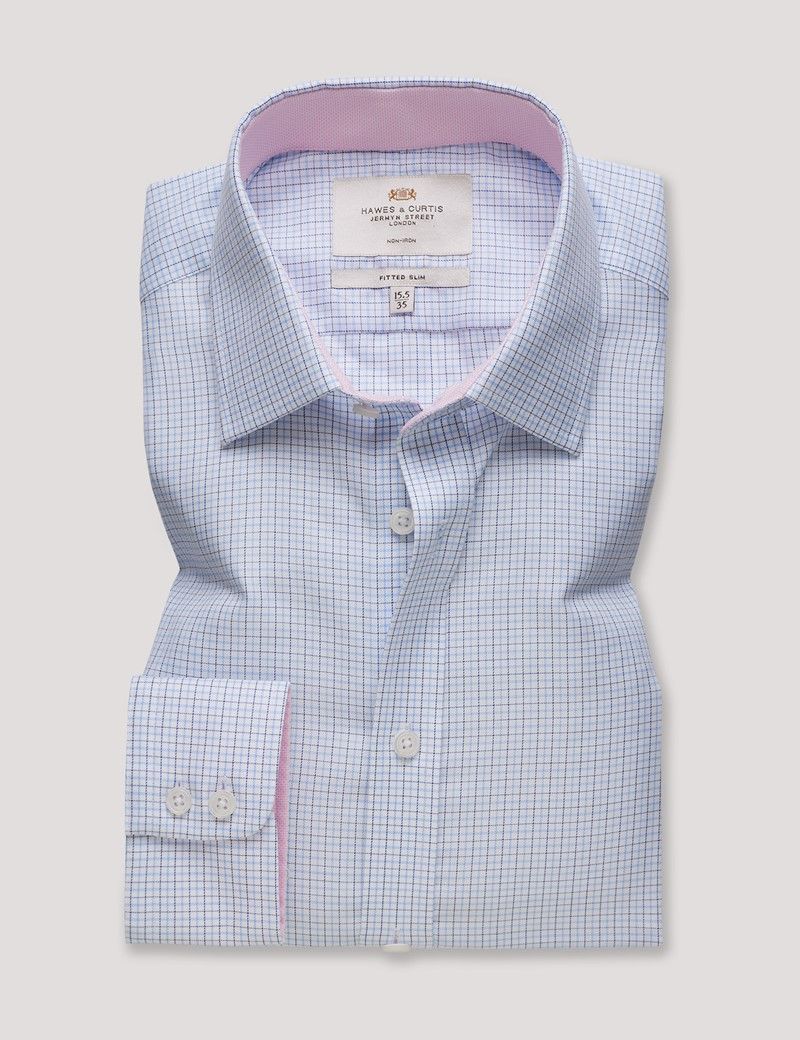Fitted Slim Navy & Blue Check Non-Iron Shirt - Contrast Detail-preview