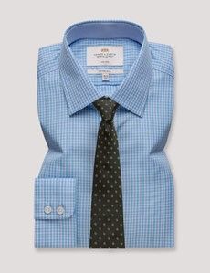 Fitted Slim Blue & Turquoise Check Non-Iron Shirt - Contrast Detail