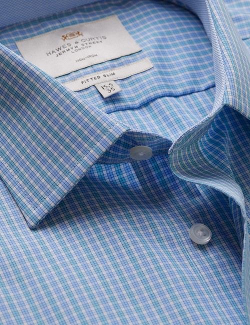 Non-Iron Blue & Turquoise Multi Check Fitted Slim Fit Shirt - Contrast Detail