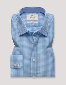 Fitted Slim Blue & Turquoise Check Non-Iron Shirt - Contrast Detail
