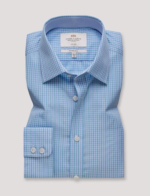 Non-Iron Blue & Turquoise Multi Check Fitted Slim Fit Shirt - Contrast Detail-preview