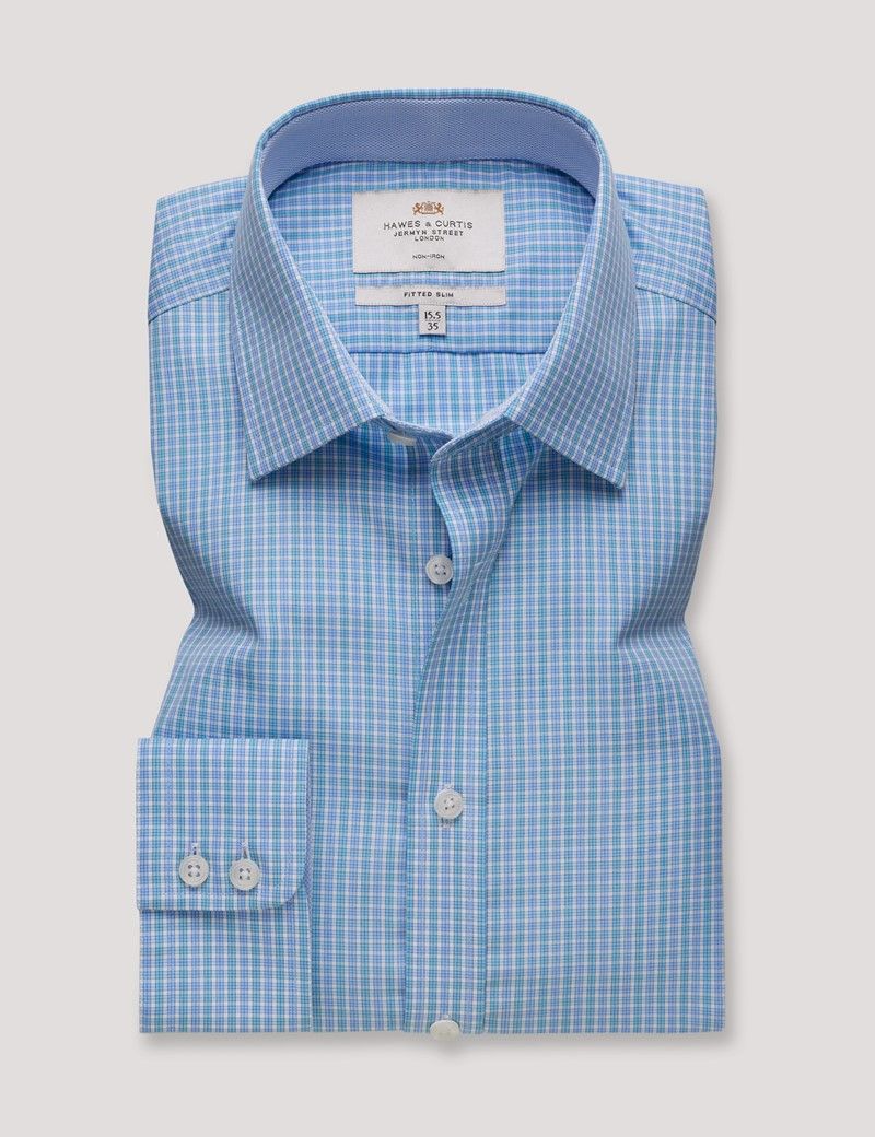 Fitted Slim Blue & Turquoise Check Non-Iron Shirt - Contrast Detail-preview