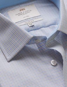Fitted Slim Blue & Yellow Check Non-Iron Shirt - Contrast Detail
