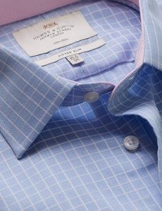 Fitted Slim Blue & White Grid Check Non-Iron Shirt - Contrast Detail