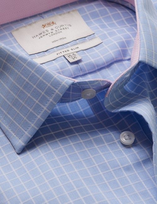 Non-Iron Blue & White Grid Check Fitted Slim Fit Shirt - Contrast Detail