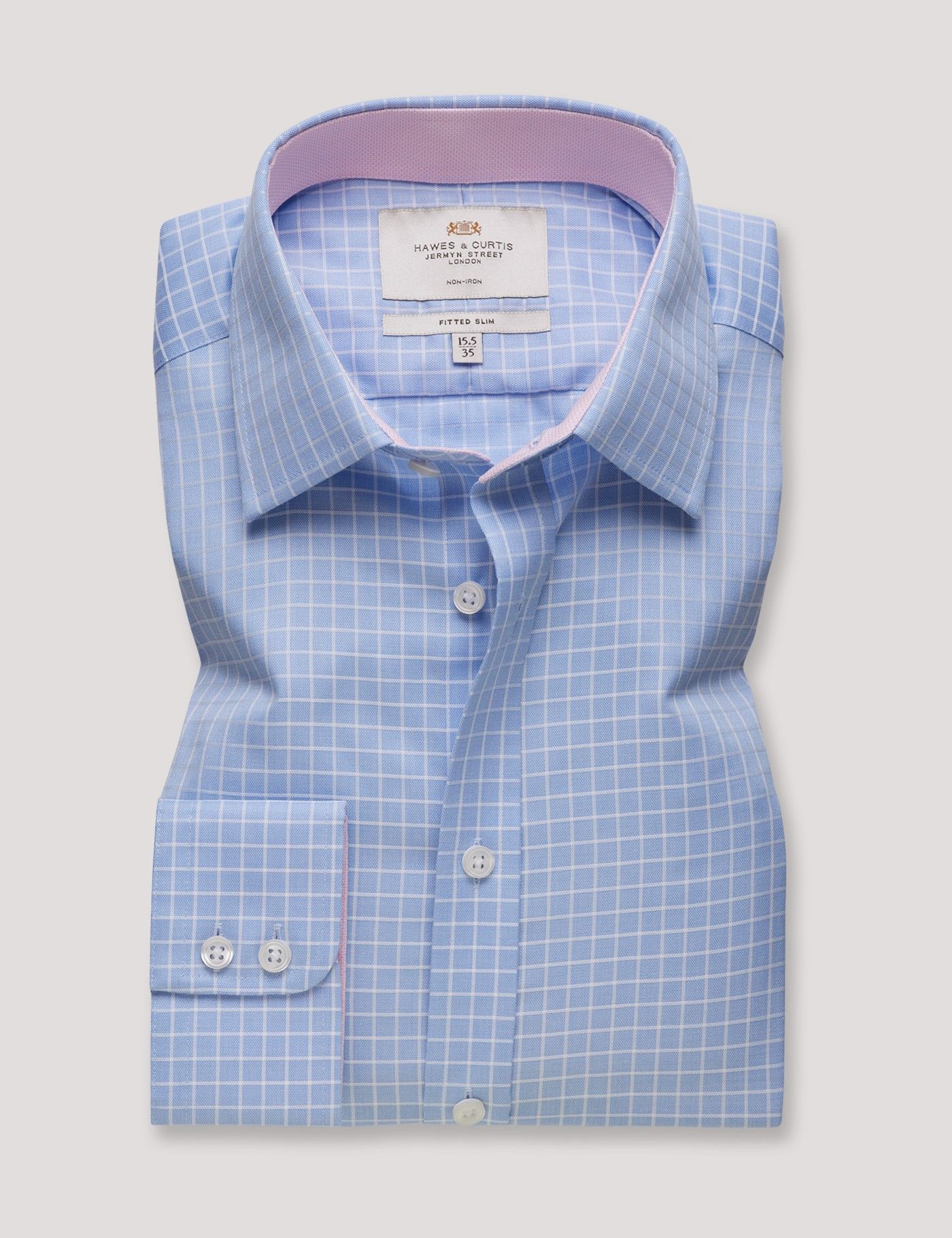 Fitted Slim Blue & White Grid Check Non-Iron Shirt - Contrast Detail-preview