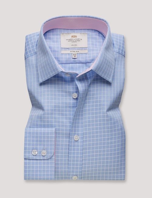 Non-Iron Blue & White Grid Check Fitted Slim Fit Shirt - Contrast Detail-preview