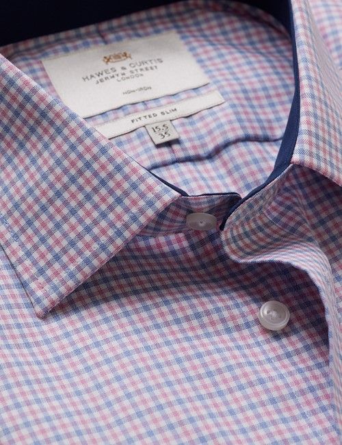 Non-Iron Navy & Red Multi Check Fitted Slim Fit Shirt - Contrast Detail