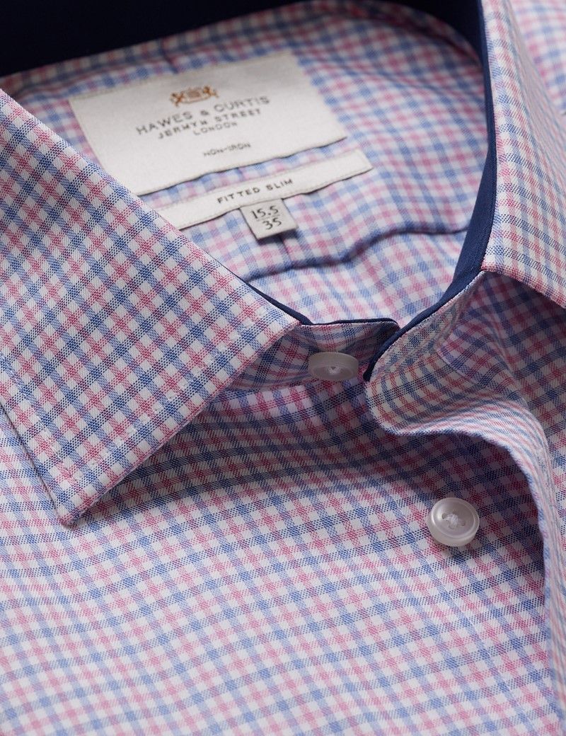Fitted Slim Navy & Red Check Non-Iron Shirt - Contrast Detail