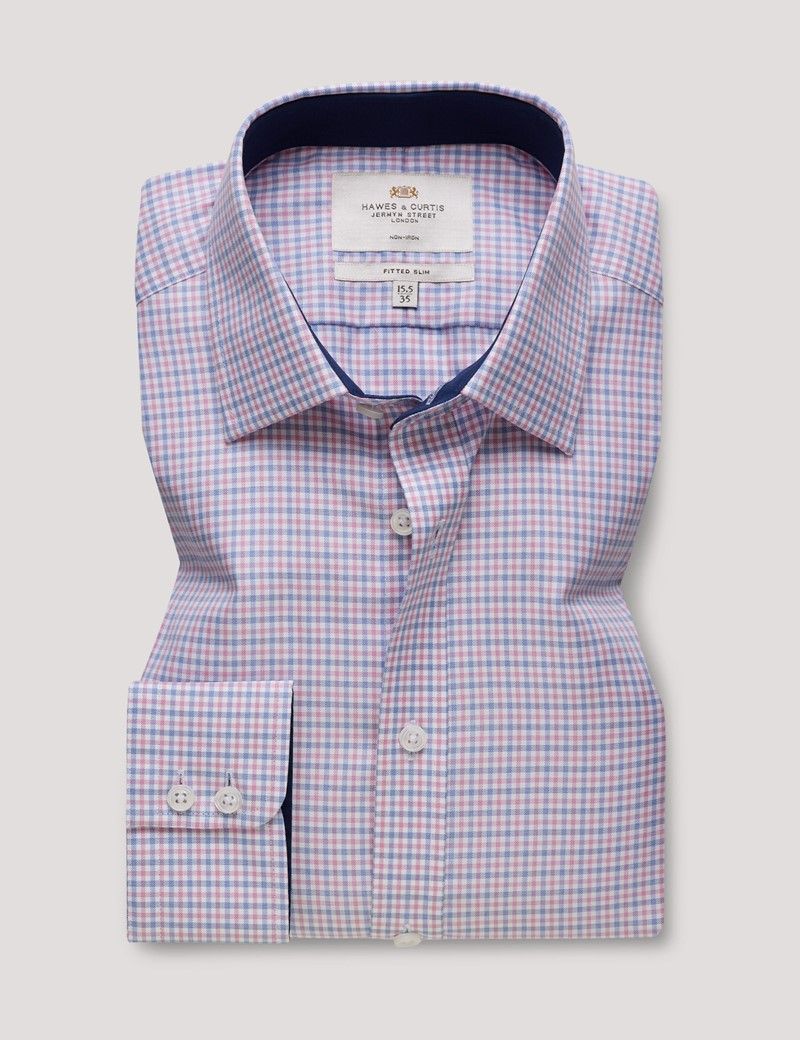 Fitted Slim Navy & Red Check Non-Iron Shirt - Contrast Detail-preview