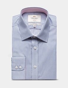 Fitted Slim Navy & Blue Small Check Non-Iron Shirt - Contrast Detail