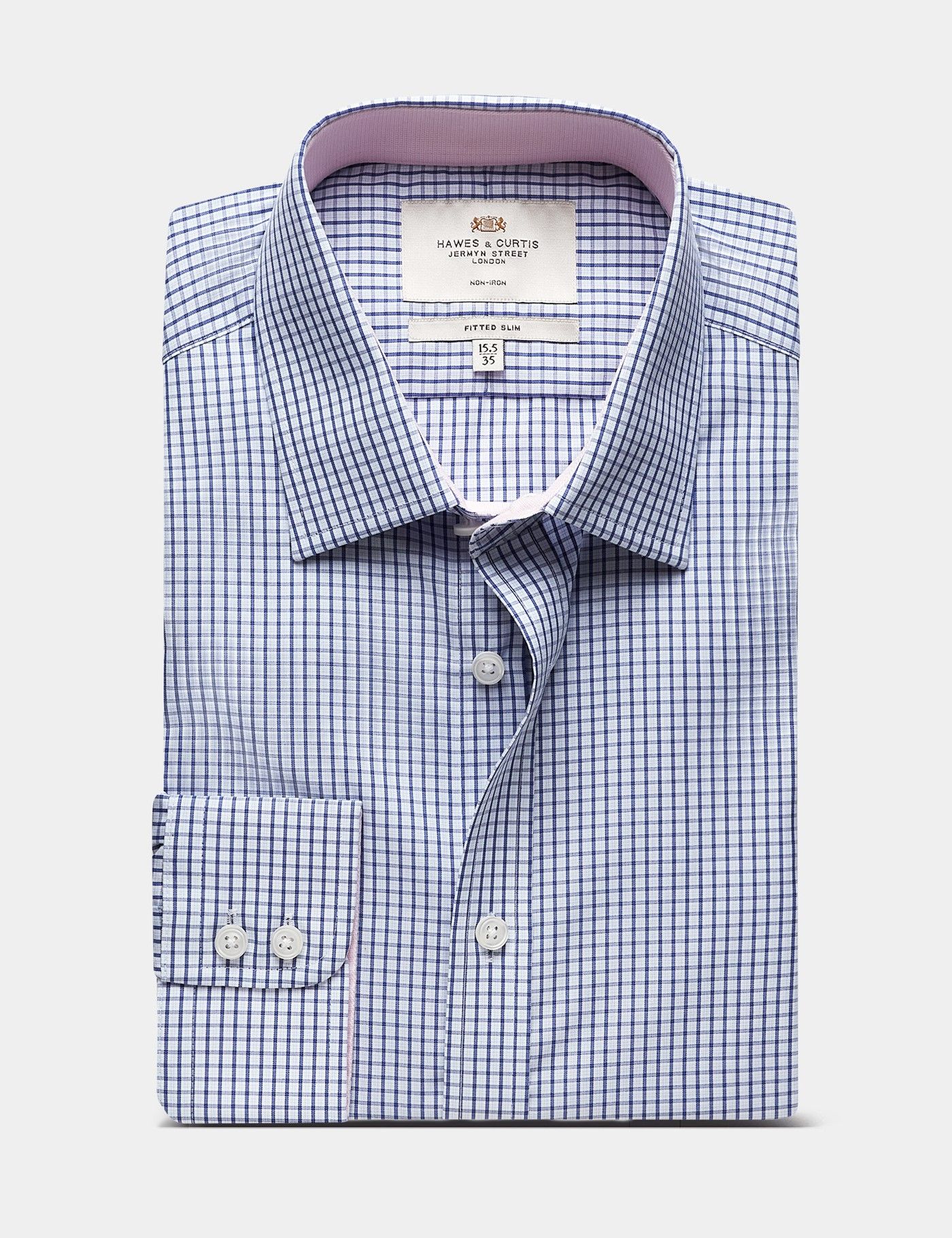 Fitted Slim Navy & Blue Small Check Non-Iron Shirt - Contrast Detail-preview