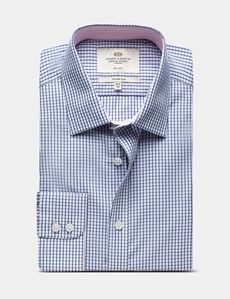 Fitted Slim Navy & Blue Small Check Non-Iron Shirt - Contrast Detail
