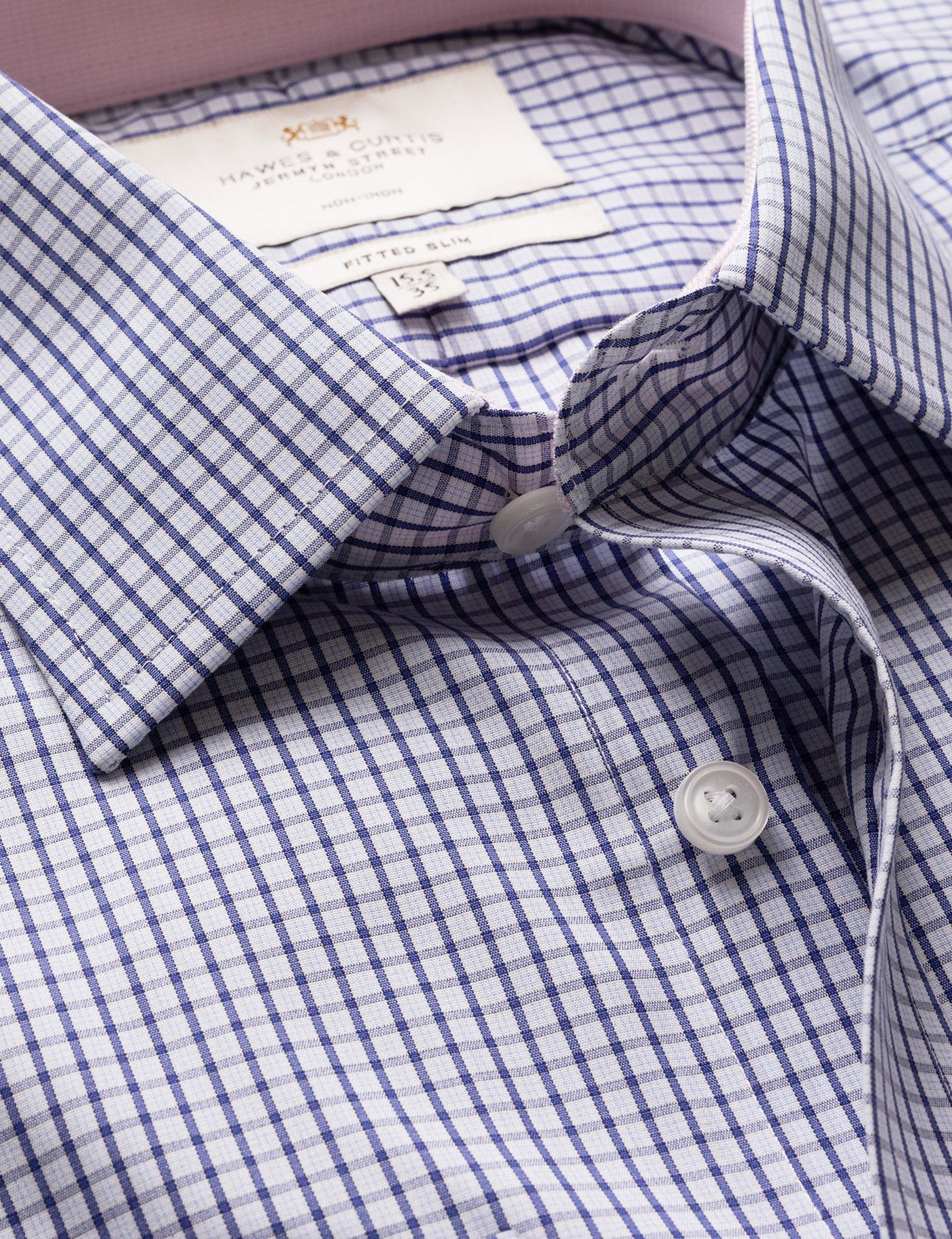 Fitted Slim Navy & Blue Small Check Non-Iron Shirt - Contrast Detail