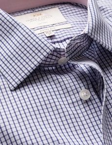 Fitted Slim Navy & Blue Small Check Non-Iron Shirt - Contrast Detail