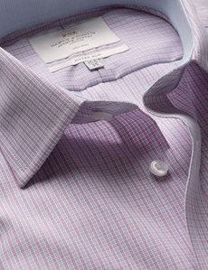 Fitted Slim Pink & Blue Check Non-Iron Shirt - Contrast Detail