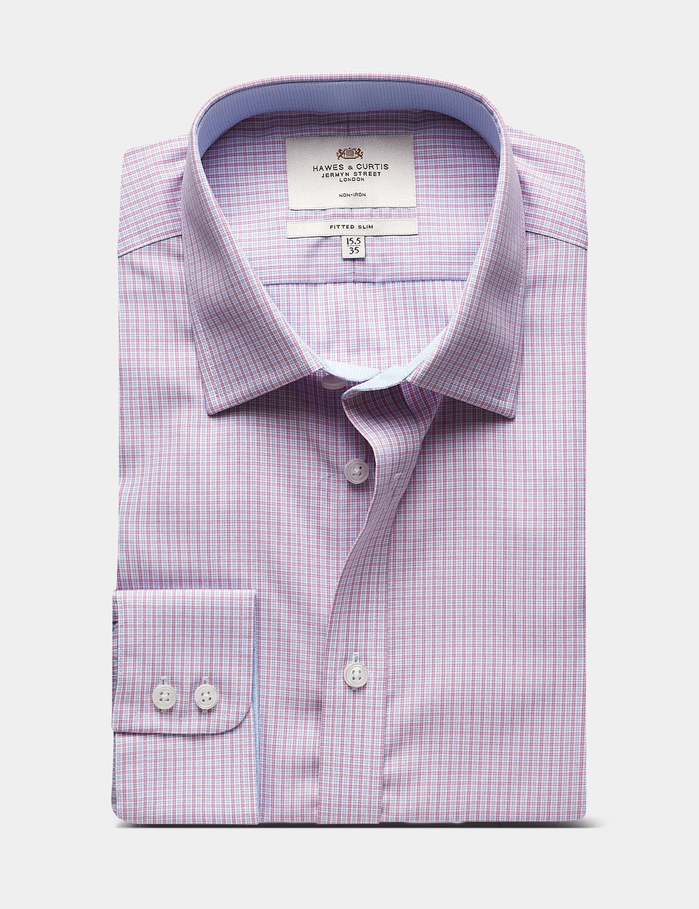 Fitted Slim Pink & Blue Check Non-Iron Shirt - Contrast Detail-preview