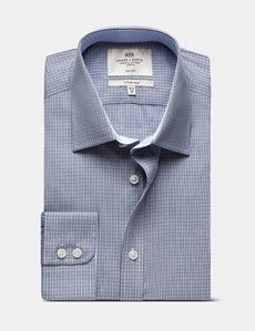 Fitted Slim Navy & White Small Check Non-Iron Shirt - Contrast Detail