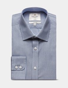 Fitted Slim Navy & White Small Check Non-Iron Shirt - Contrast Detail